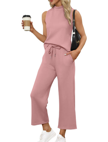 Women's Mock Neck Tops Wide Leg Crop Pants Travel Outfits