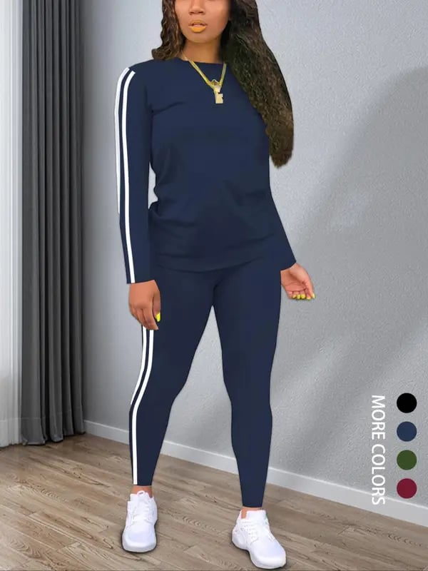 Women's Striped Print Long Sleeve Top & Pants Two-piece Set