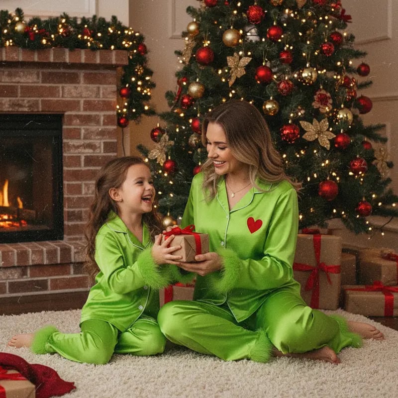 Holiday Matching Family Pajamas - Green Satin Silk Button-Down Shirts