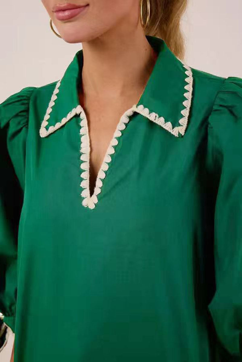 Shell Stitch Trim Hit Color Modern V Neck Blouse