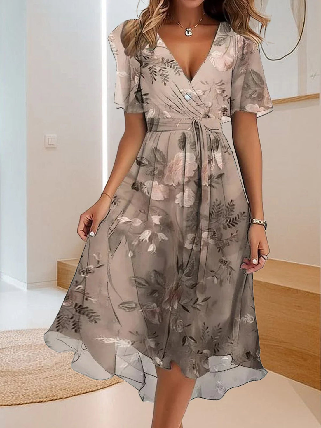 Casual Dress With Simple Print And V-neck