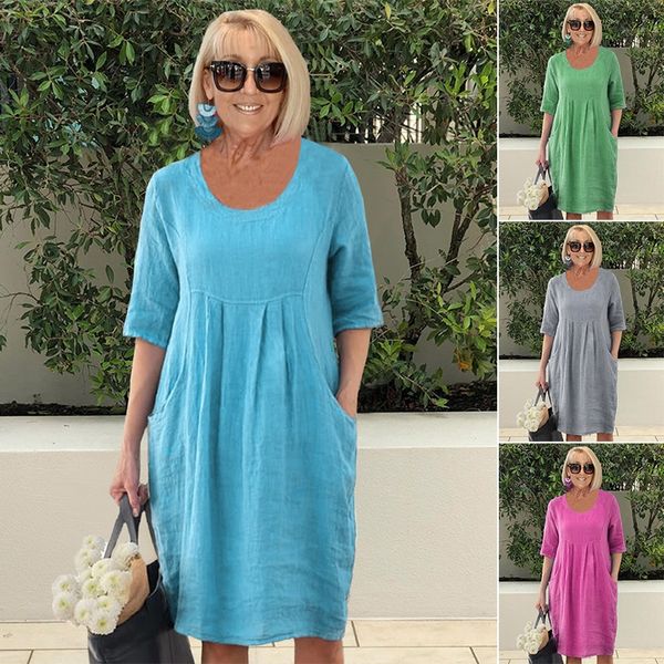 Solid Color Cotton Linen Pockets Tunic Midi Dress