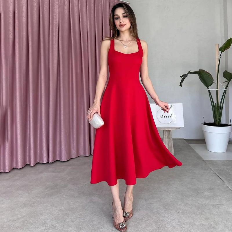 Solid Sophistication: Square Neck Halter Dress Magic!