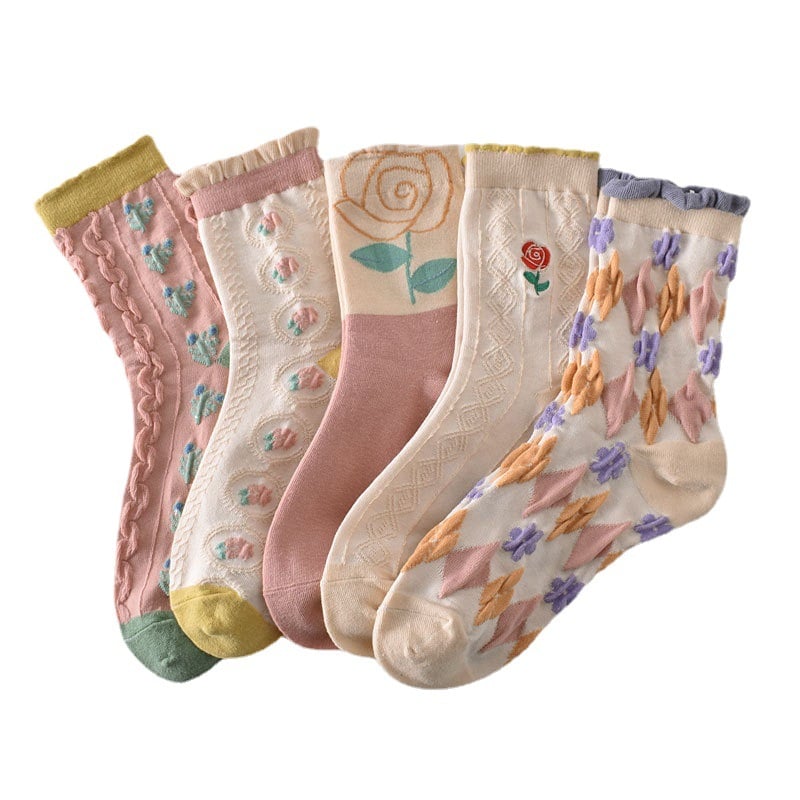 5 Pairs Of Women's Pink Floral Cotton Socks