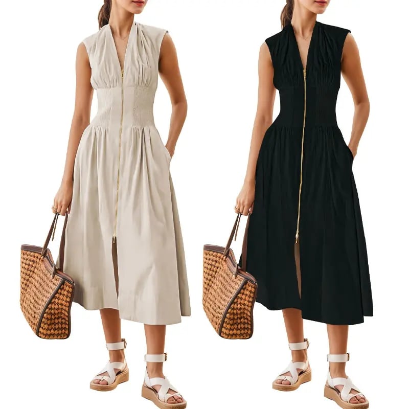 V-Neck Smocked Midi Sundress Zipper Dress with Cap Sleeves