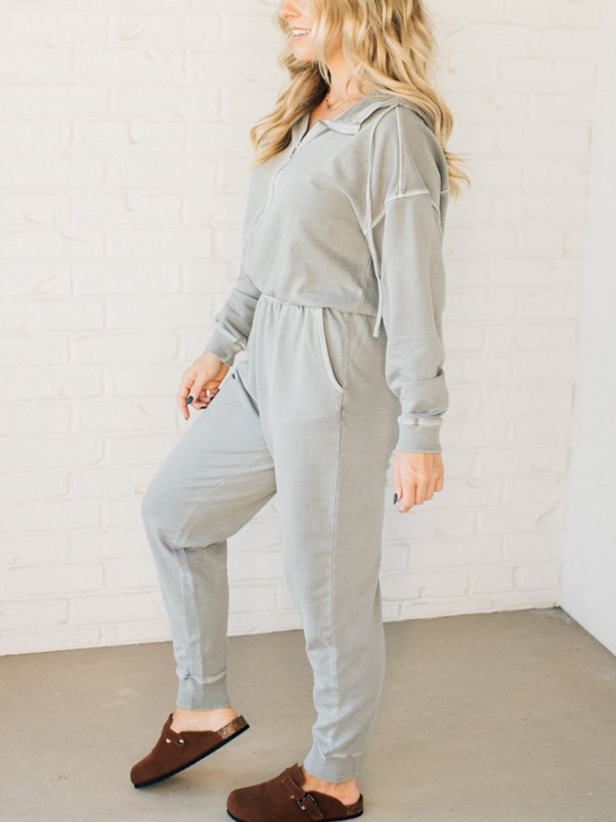 French Terry Drawstring Hooded Jumpsuit