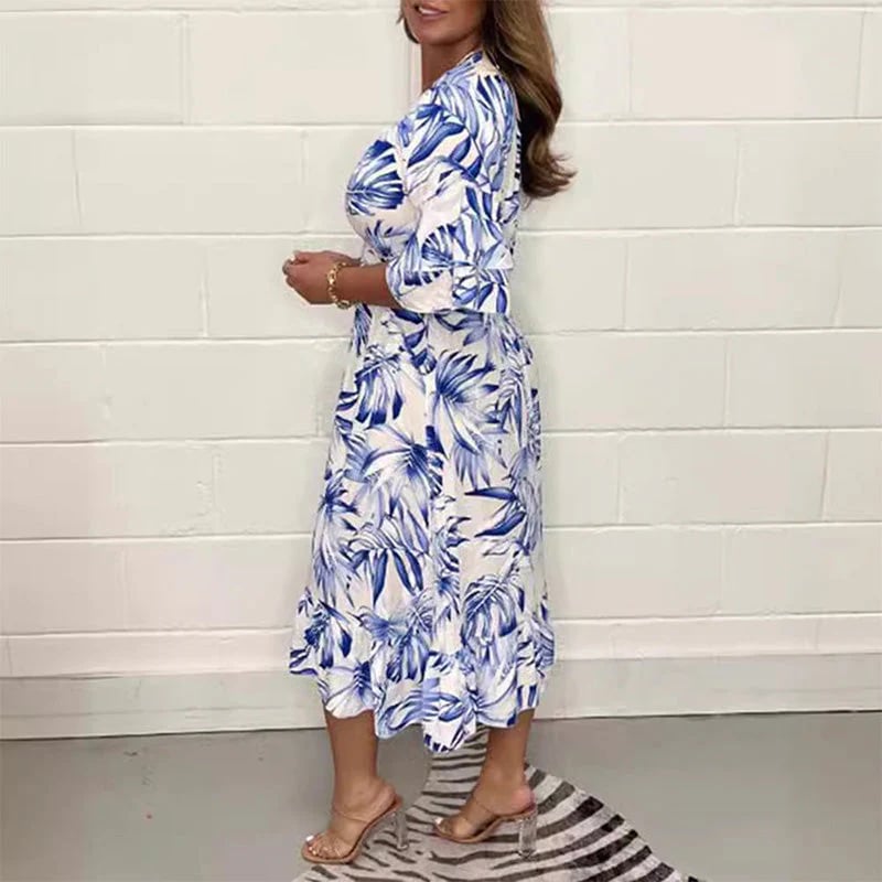 Wome's Elegant V-Neck Dress with Botanical Print