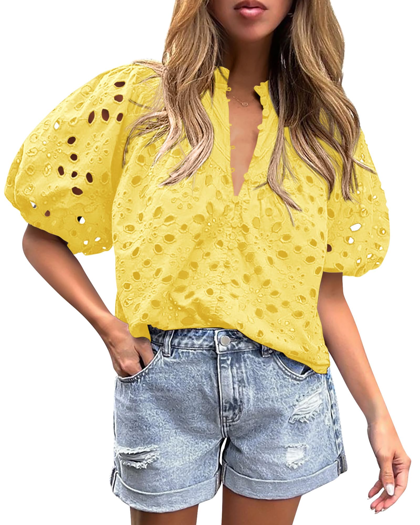 Women's Casual Short Sleeve V Neck Buttons Hollow Out Lace Embroidered Blouses Shirts