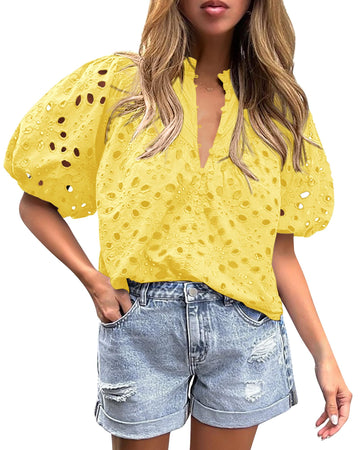Women's Casual Short Sleeve V Neck Buttons Hollow Out Lace Embroidered Blouses Shirts