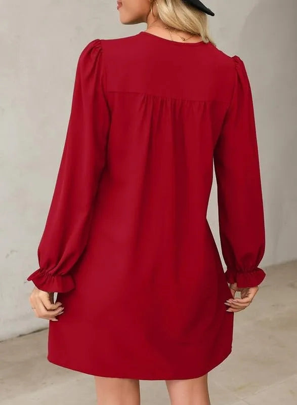 Casaul Ruffle Sleeve V-Neck A-Line Mid-Length Pleated Hem Shirt Dress