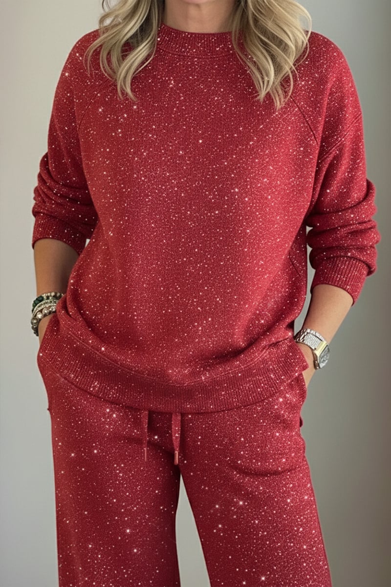 Cozy Travel Crew Neck Shiny Sweatshirt and Pant 2 Piece Sets