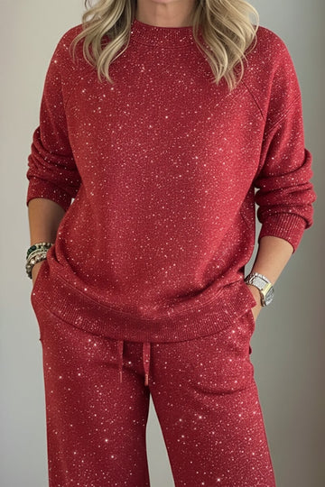 Cozy Travel Crew Neck Shiny Sweatshirt and Pant 2 Piece Sets