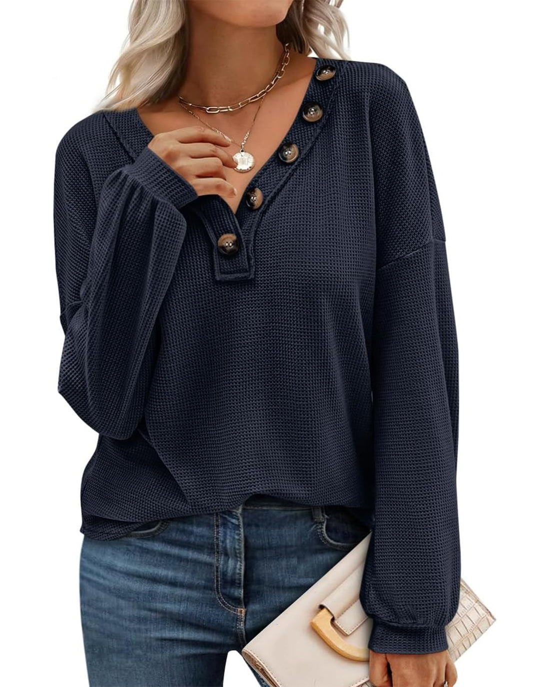 Women's Casual V Neck Deco Button Lightweight Waffle Knit Tops