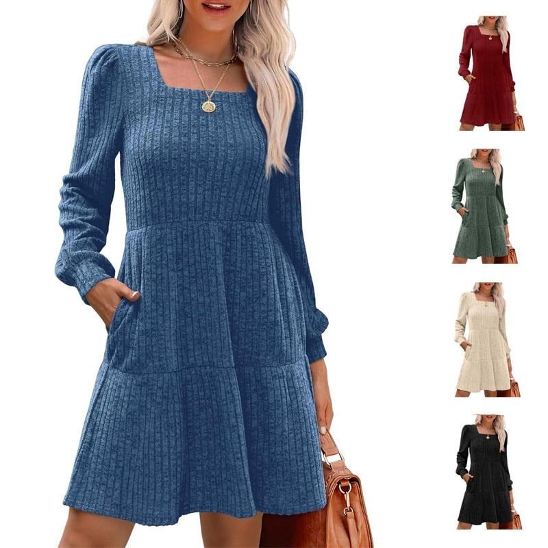Womens Square Neck Long Sleeve Fall Dresses Casual Babydoll Sweater Dress