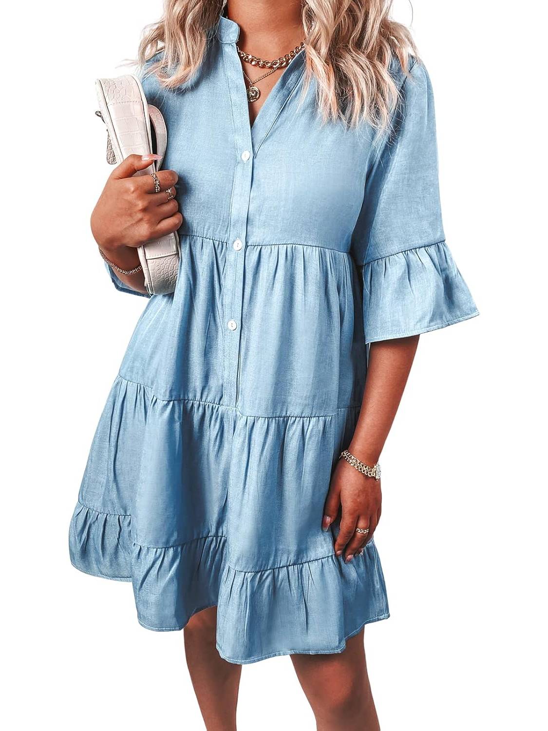 Women‘s Casual V Neck Ruffle Short Sleeve Denim Dress