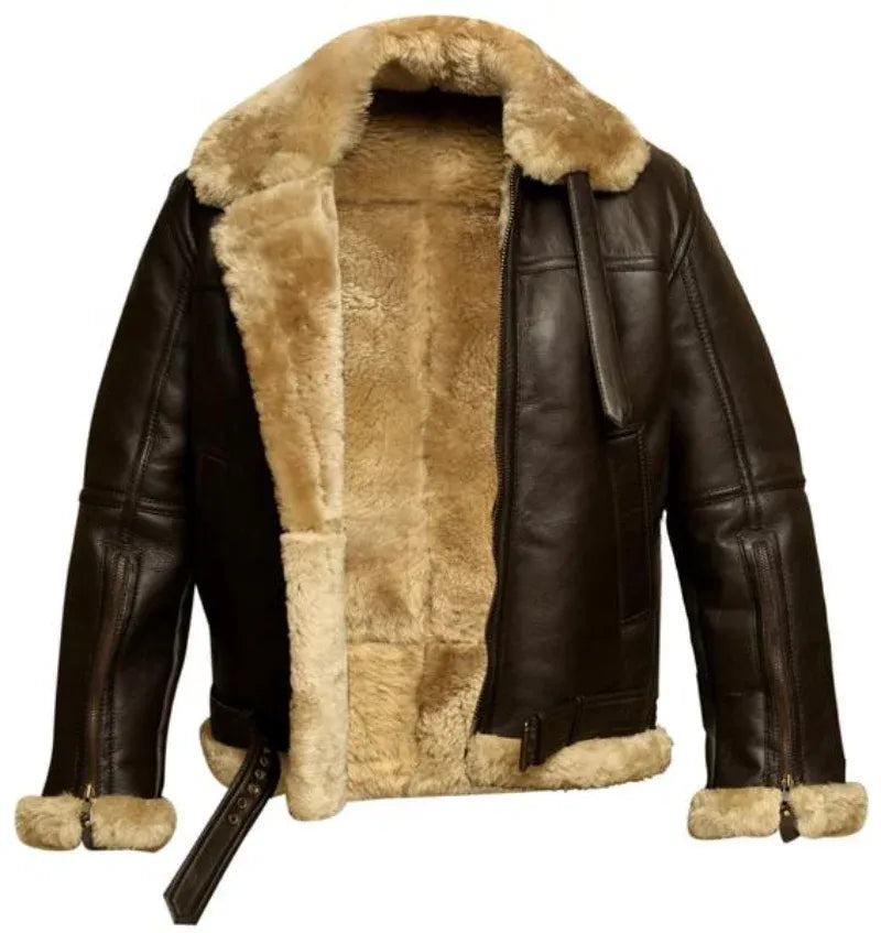 Men Aviator Bomber Jacket Shearling Sheepskin Leather Warm Coat