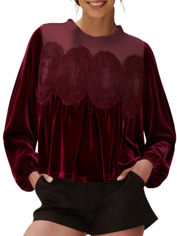 Women's Long Sleeve Velvet Trim Lace Blouse Elegant Flared Swing Top