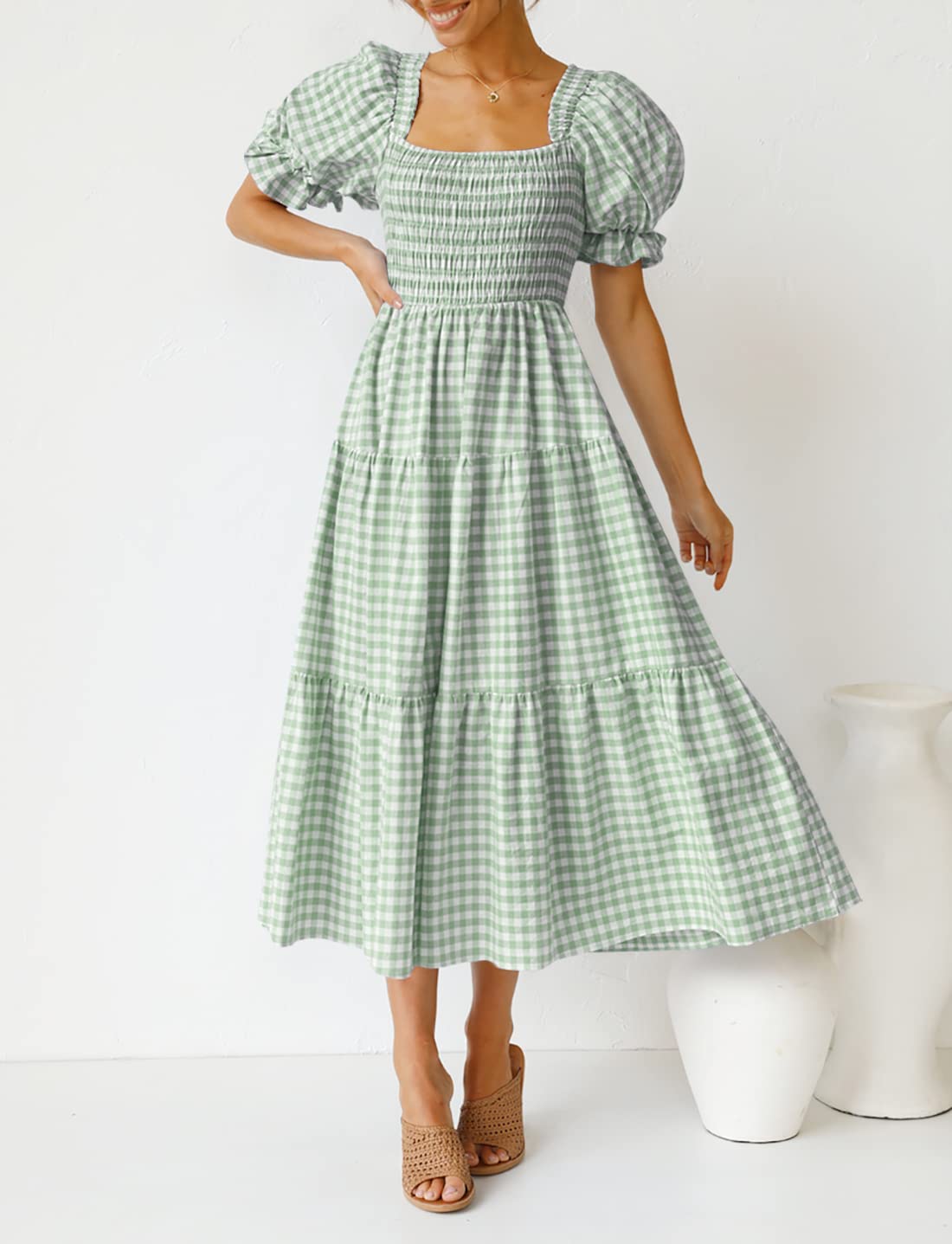2025 Summer Plaid Tiered Square Neck Puff Sleeve Ruffle Flowy Midi Dress