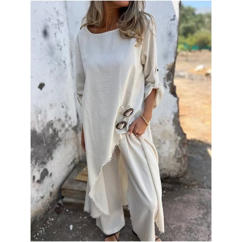 2025 Spring and Summer New Cotton and Linen Dress + Pants Two-Piece Set