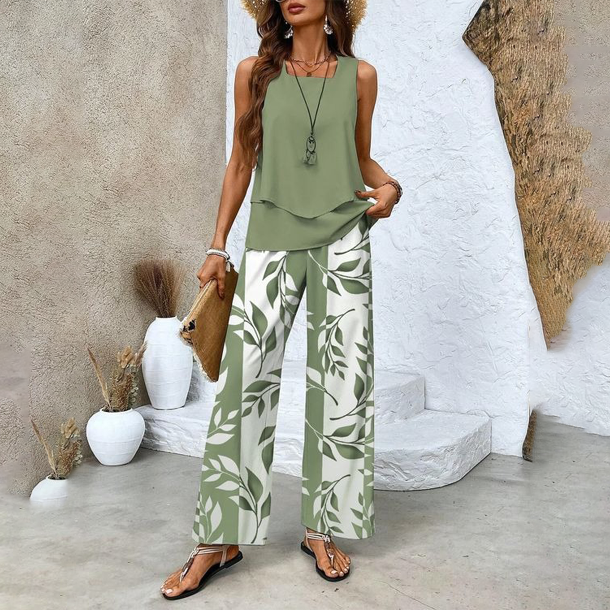 Women’s Trendy Print 2 Piece Outfits Sleeveless Top & Pants