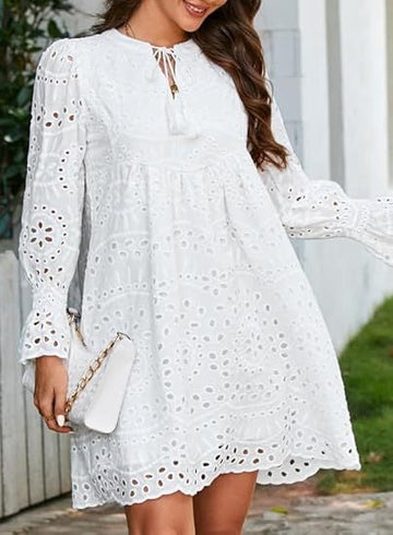 Neckline Long Sleeve A-Line Hollow Lace Pleated Dress