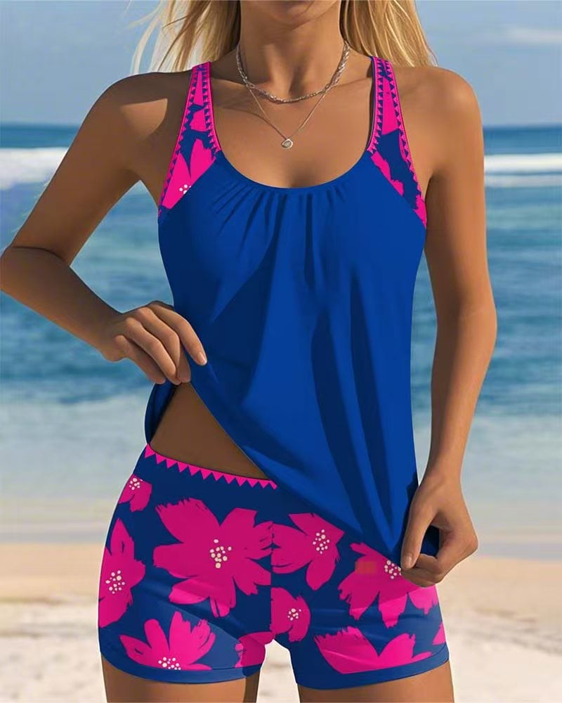 Sleeveless U-shaped Tankini With Print