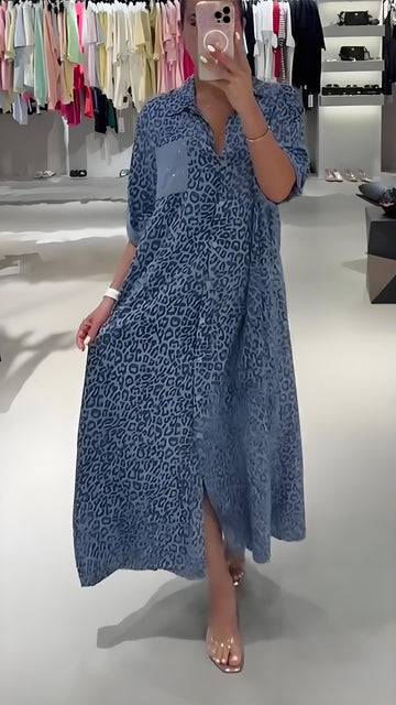 Women's Flip Collar Printed Loose Casual Dress