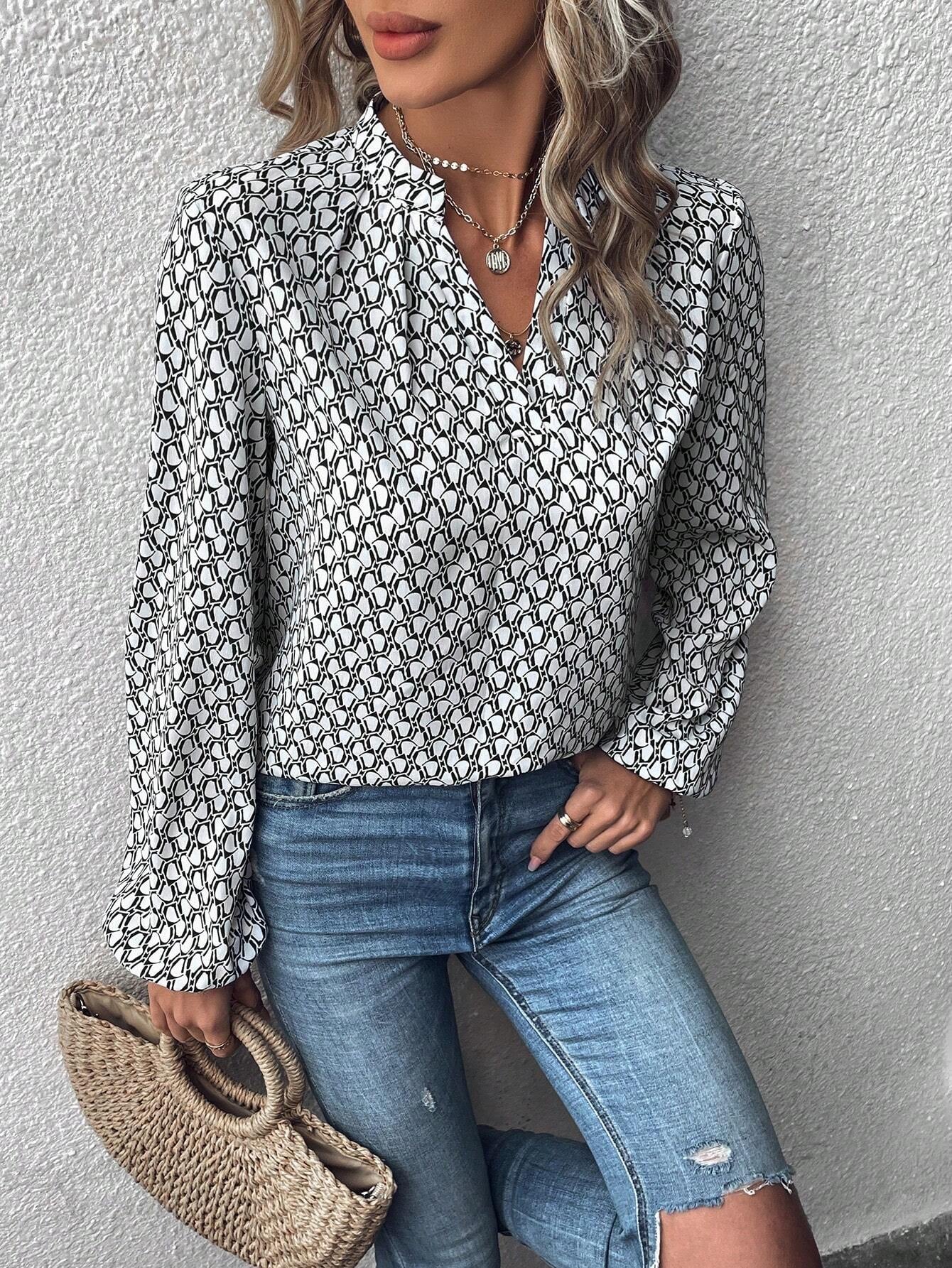 Women's Casual Full Print Notch Neck Shirt Top