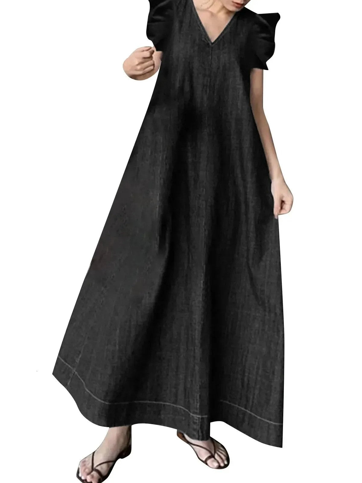 Women's Casual Loose Fit Ruffle Sleeveless V-Neck Denim Maxi Dress