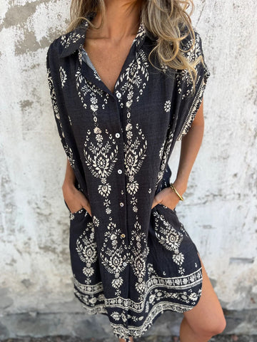 Fit & Flare Printed Short Sleeve Dress with Pockets