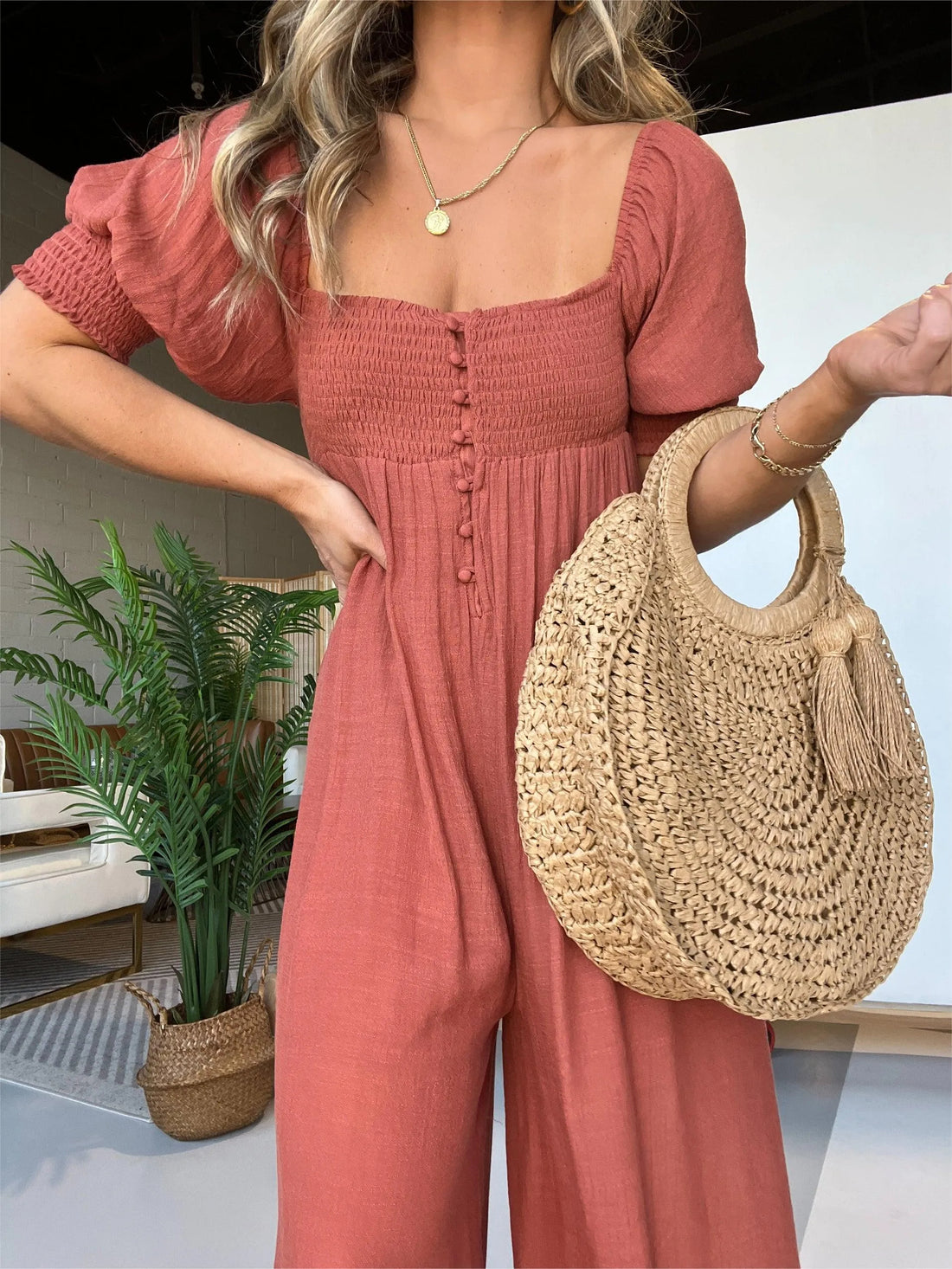 Square Neckline Jumpsuit with Smocked Bodice Button