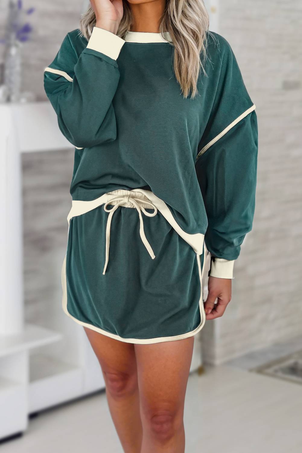 Women's Loose Pullover and Lace-up Waist Skort Set