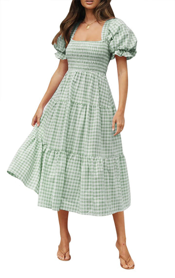 2025 Summer Plaid Tiered Square Neck Puff Sleeve Ruffle Flowy Midi Dress
