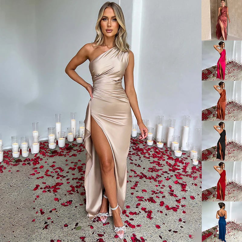 Sexy Slimming Off The Shoulder Slit Satin Dress