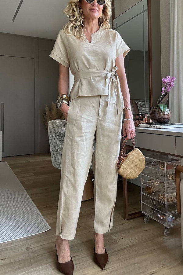 Linen Blend Tie-up Short Sleeve Top Pants Set