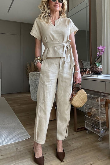 Linen Blend Tie-up Short Sleeve Top Pants Set