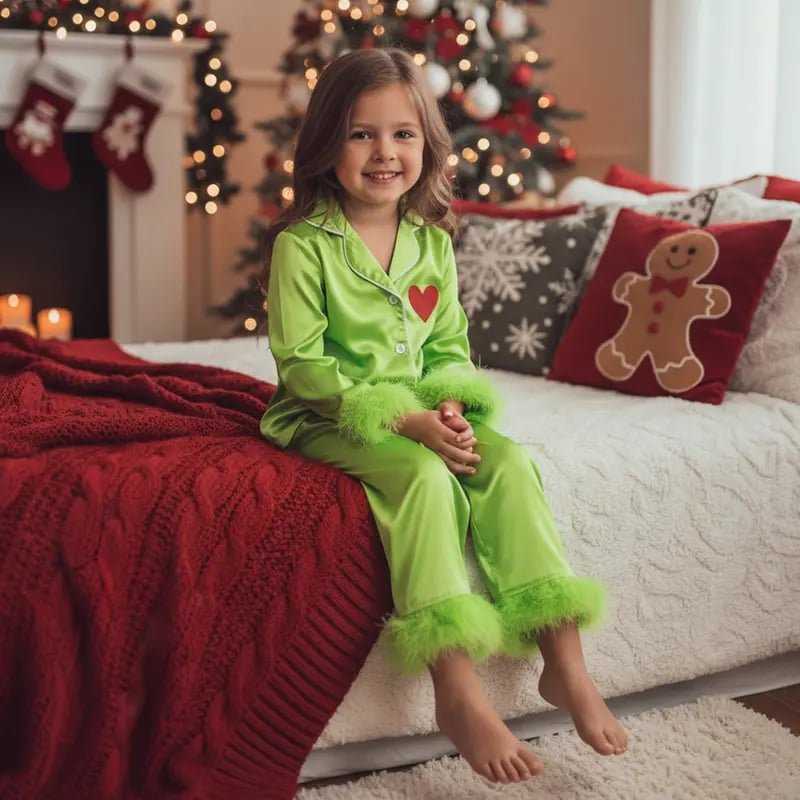Holiday Matching Family Pajamas - Green Satin Silk Button-Down Shirts