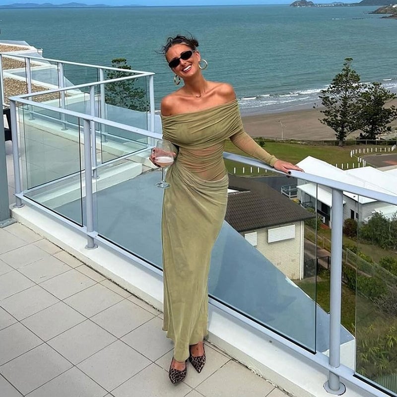 Semi-Sheer Maxi Dress Strapless Mesh Shirring Dress