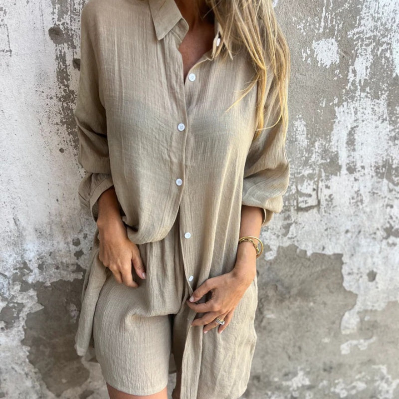 Women's Casual Long Sleeve Shirt & Shorts (2-Piece Set)