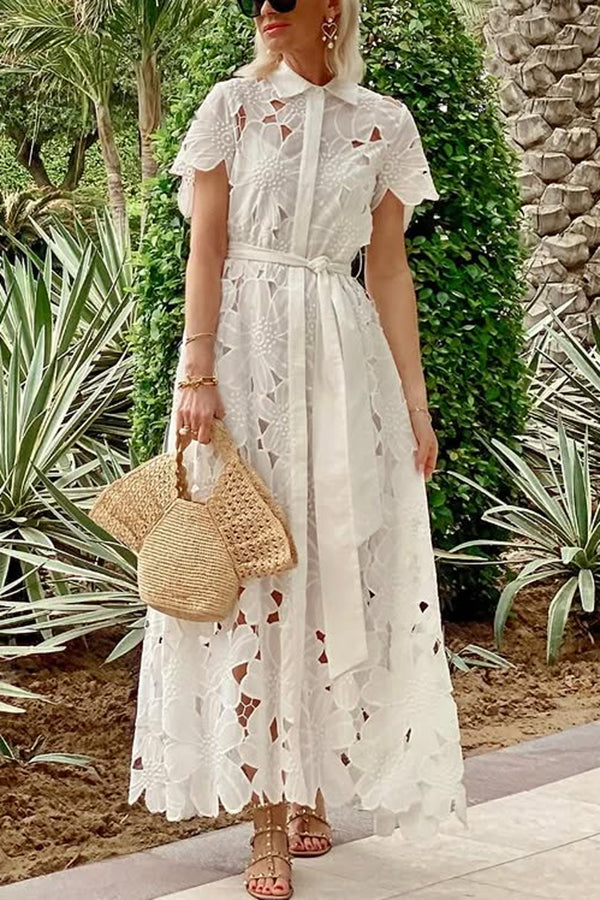Floral Crochet Lace Short Sleeve Tie-up Shirt Maxi Dress