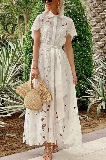 Floral Crochet Lace Short Sleeve Tie-up Shirt Maxi Dress