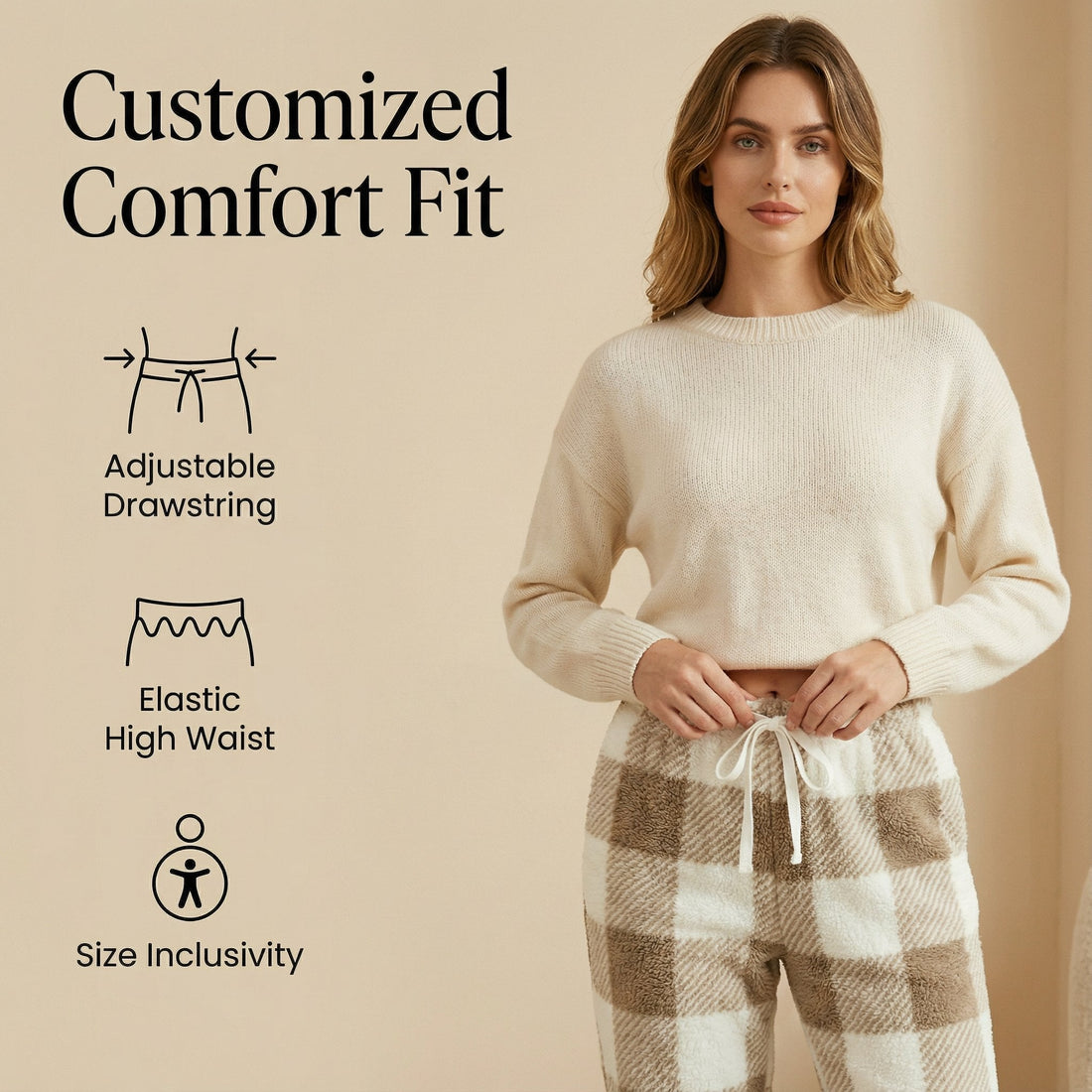 Winter Vintage Plaid Elastic Straight Loose Thick Warm Casual Pants