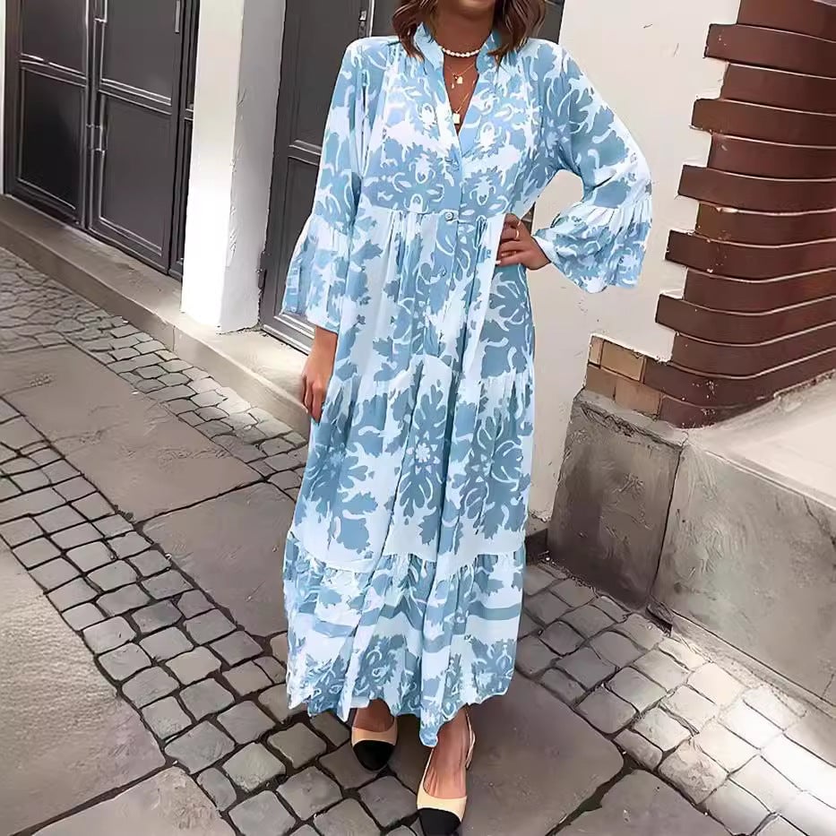 Stand Collar Flated Sleeve Printed Casual Dress