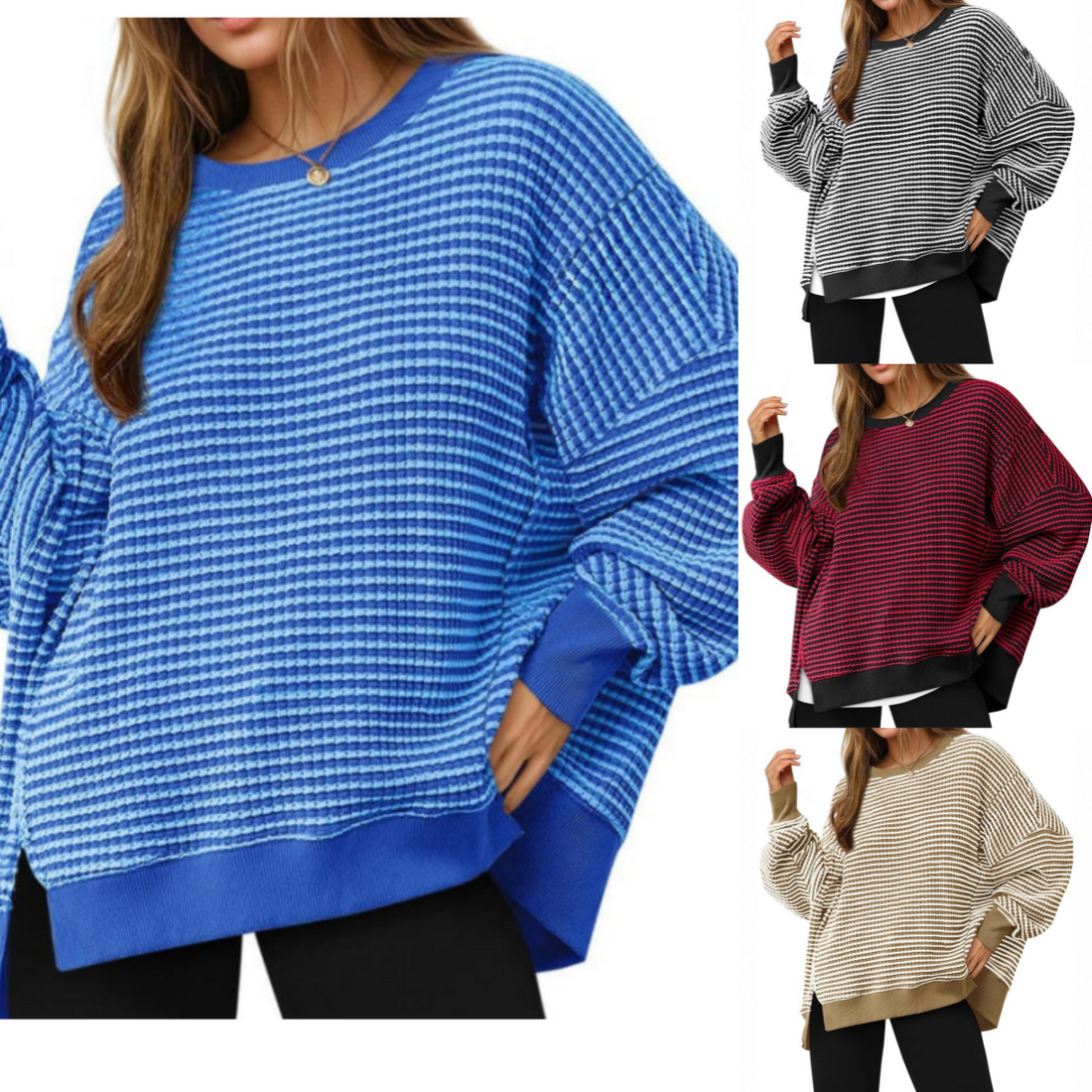 Casual Crewneck Color-Blocked Sweatshirt with Side Split