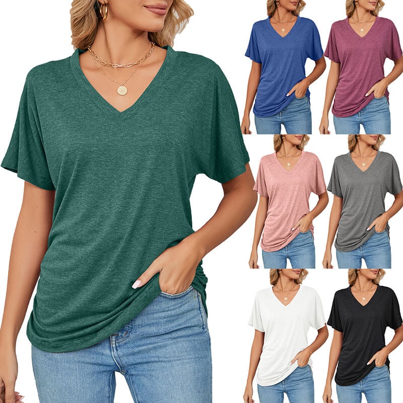 Casual Pullover V-Neck Solid Color Loose Ladies Tops