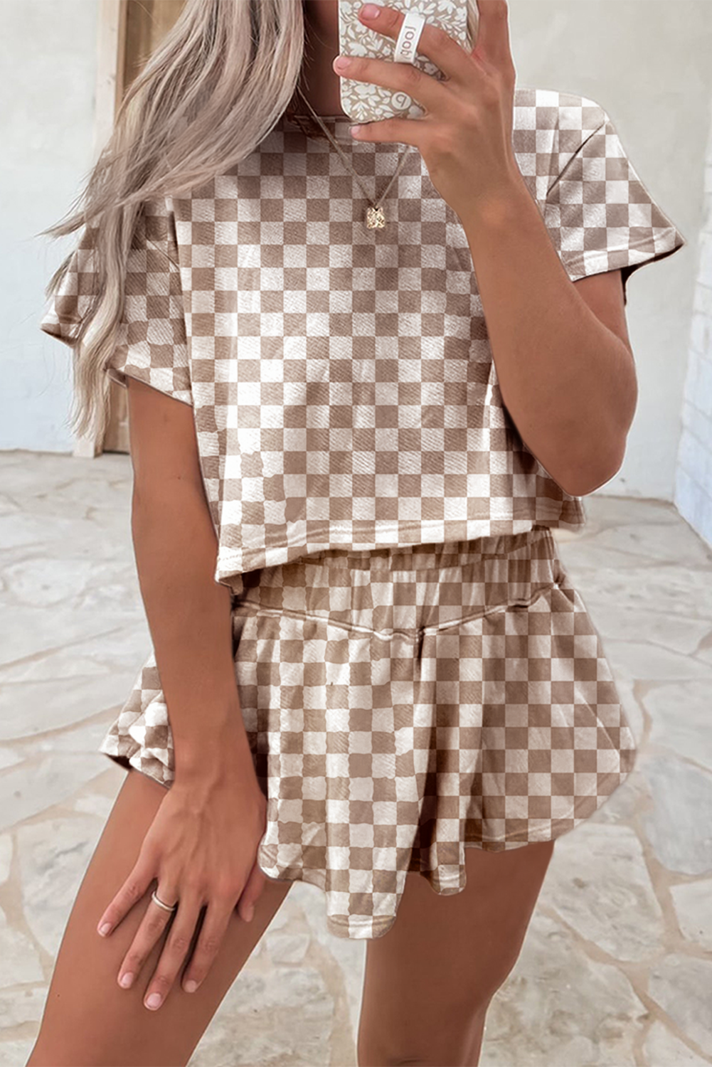 Women's Casual Plaid T-shirt Top And Skirt Pants Two-Piece Set