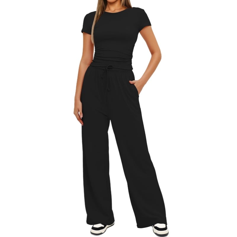 2pcs Solid Color Casual Sports Yoga Suit Short-sleeved Top And High-waisted Drawstring Wide-leg Pants Summer Fashion Set For Womens Clothing