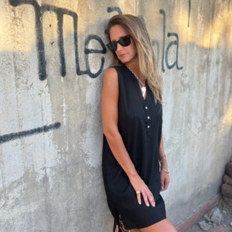 Cotton Linen Solid Color Button Pocket Deep V-neck Dress
