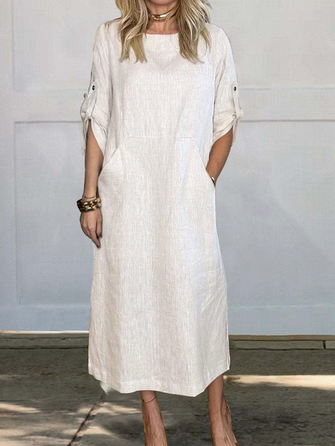 Solid-Color Linen Cotton Casual Double-Sided Pocket Dress