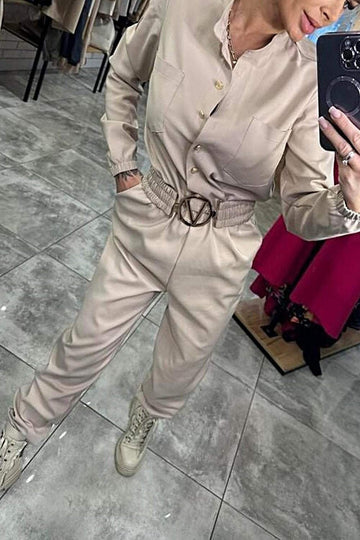 Belted Long Sleeve Casual Jumpsuit